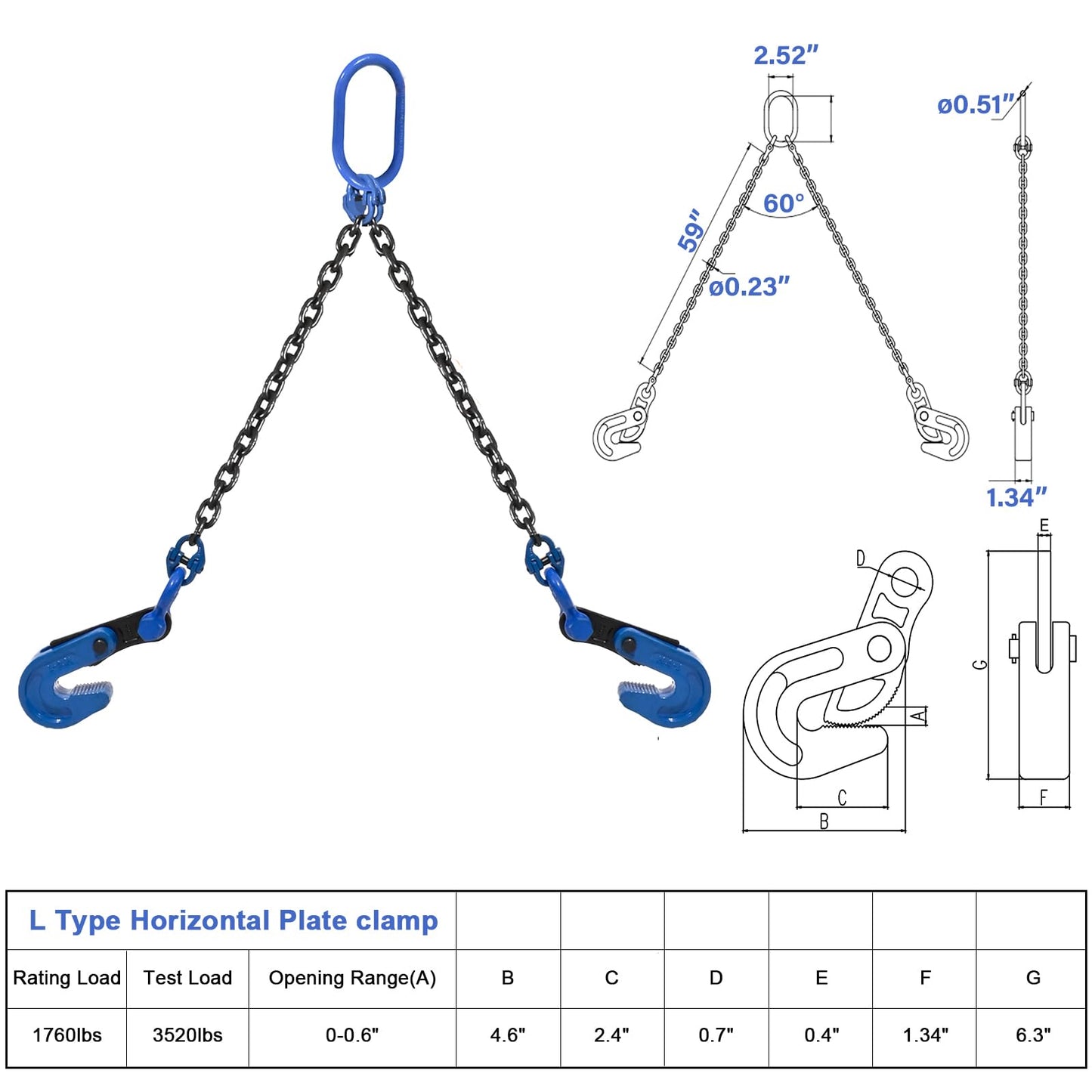 Horizontal Steel Plate lifting clamp kit-0.8t capacity with High Strength Manganese Steel 1.5m Chain|ASME B30.20 Certified plate clamp & Rigging Set