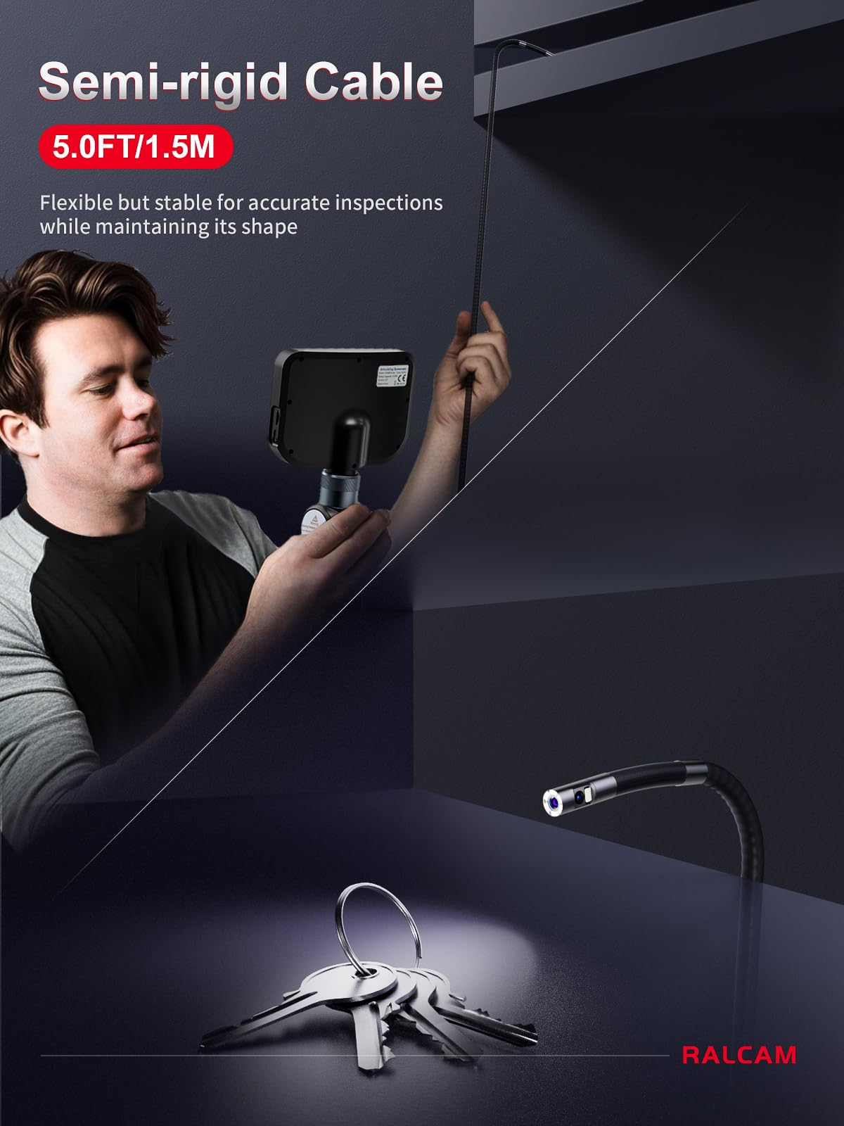 Ralcam Dual Lens Articulating Borescope, 6.5mm Slim Probe, 5" Endoscope Camera with Light, 5FT Semi-Rigid Cable, Two-Way Articulated Inspection Camera for Automotive Wall Pipe
