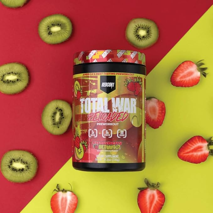 REDCON1 Total War Reloaded Pre Workout, Strawberry Kiwi - Creatine, Beta Alanine + L-Citrulline Malate Keto Friendly for Men & Women with 350mg of Caffeine - Fast Acting (30 Servings)