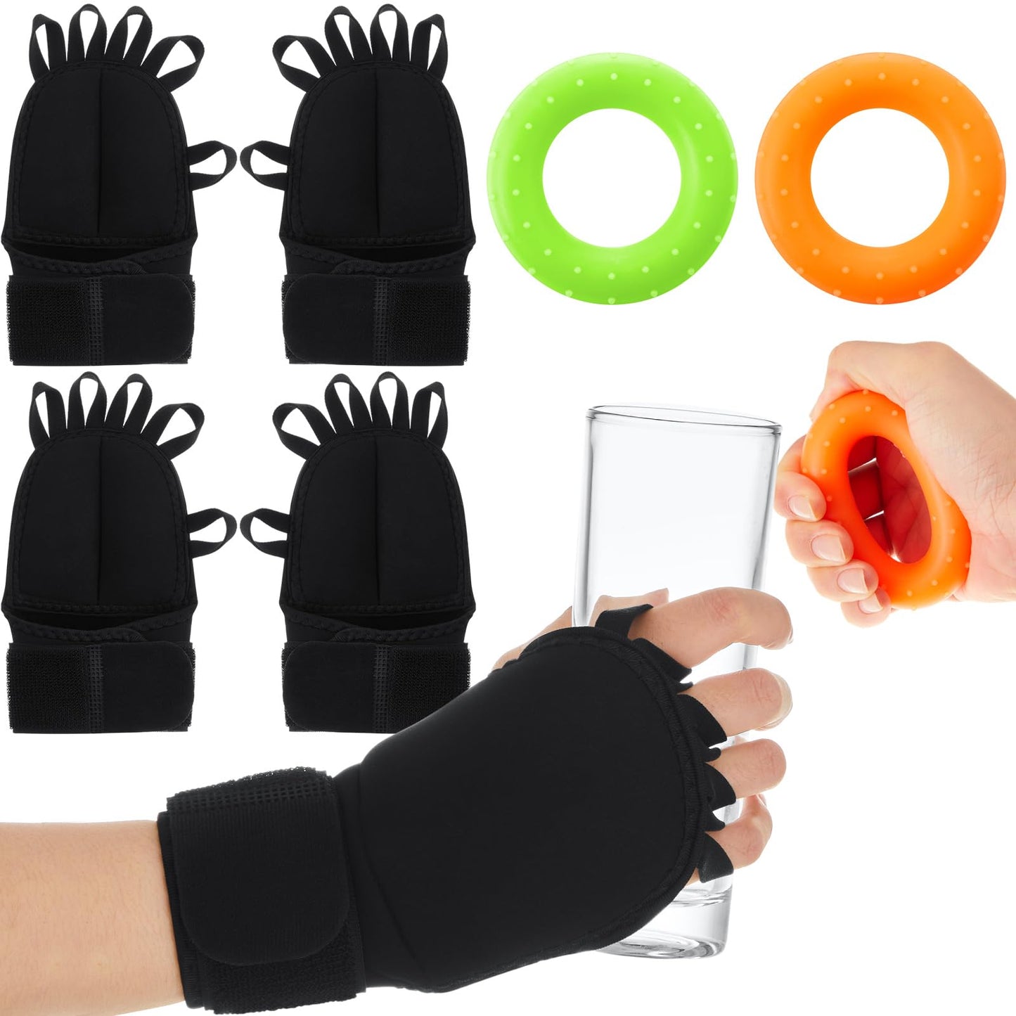 RoundFunny 4 Pack Weighted Gloves for Tremors with 2 Grip Strength Trainer, Adjustable Wrist Weights for Hand Tremor Relief, Improve Writing Stability Daily Strengthening Adults Hand Exerciser(Black)