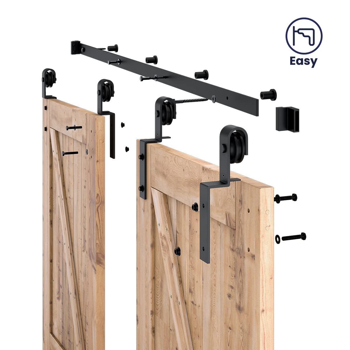 SMARTSTANDARD 5 Feet Bypass Sliding Barn Door Hardware Kit - for Double Wooden Doors-Single Track - Smoothly & Quietly - Easy to Install-Fit 48" Opening