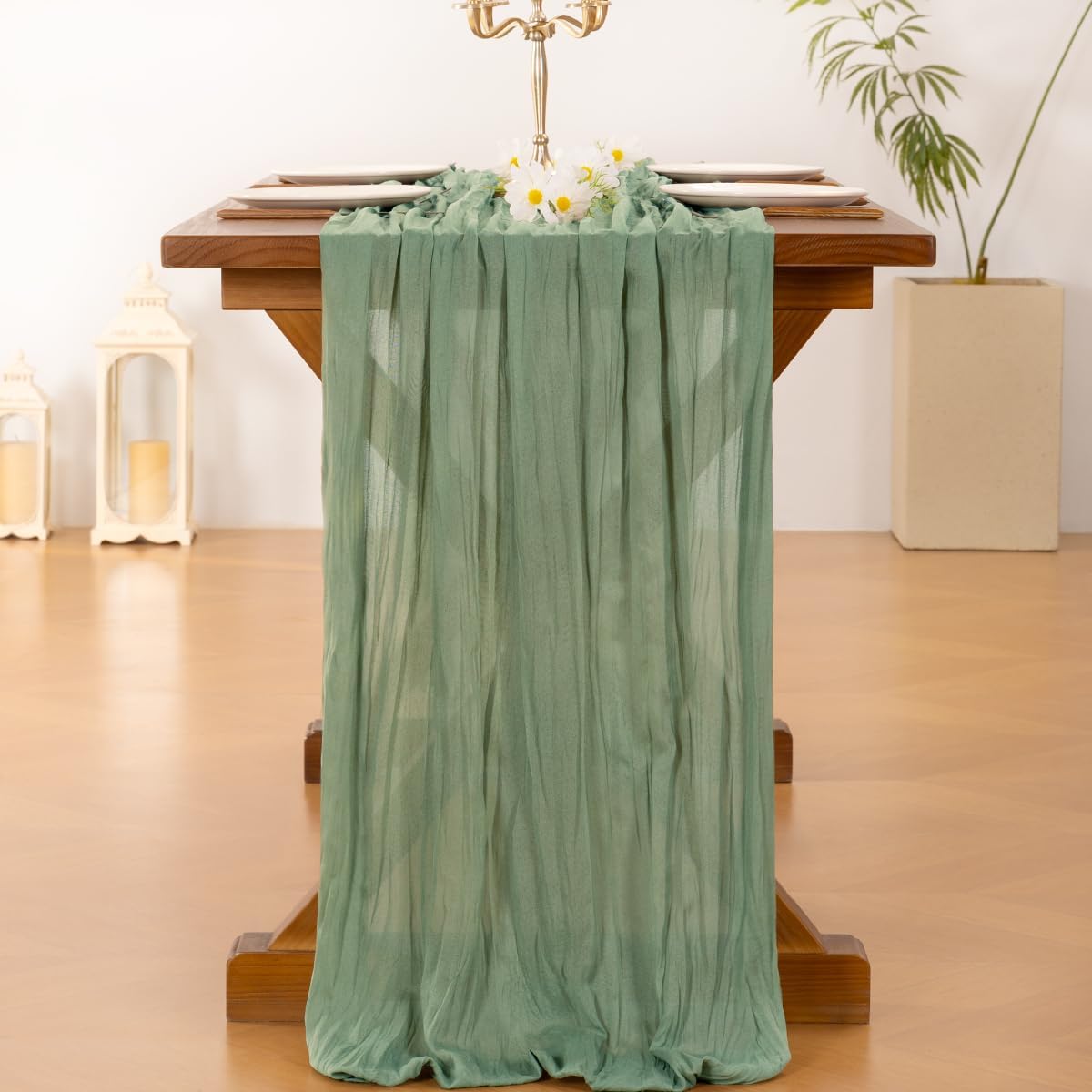 Socomi Cheesecloth Table Runner - Sage Green 120-Inch Boho Rustic Decor for Weddings & Events