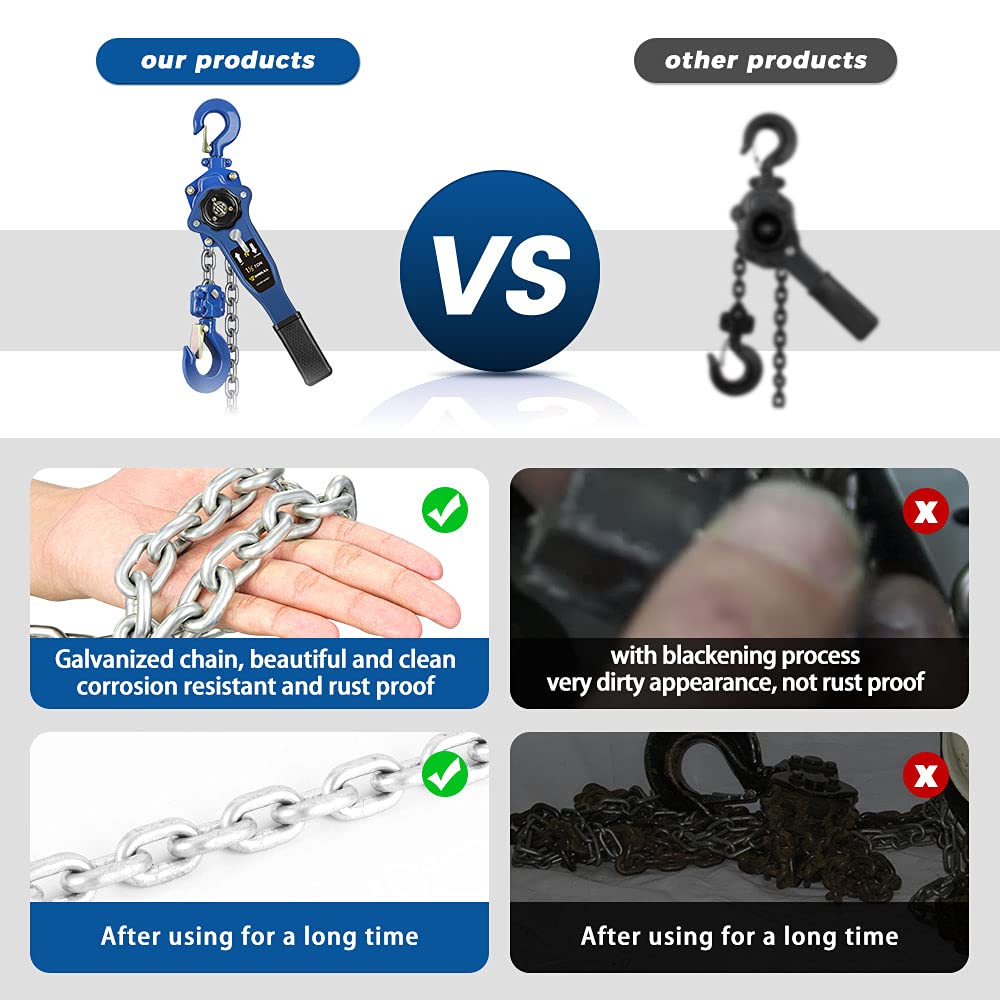 ANBULL Lever Chain Hoist 3300LBS 20FT, 1-1/2 Ton 6M Manual Ratchet Chain Puller Hoist w/G80 Galvanized Chain & Portable Hooks, lever block hand come along
