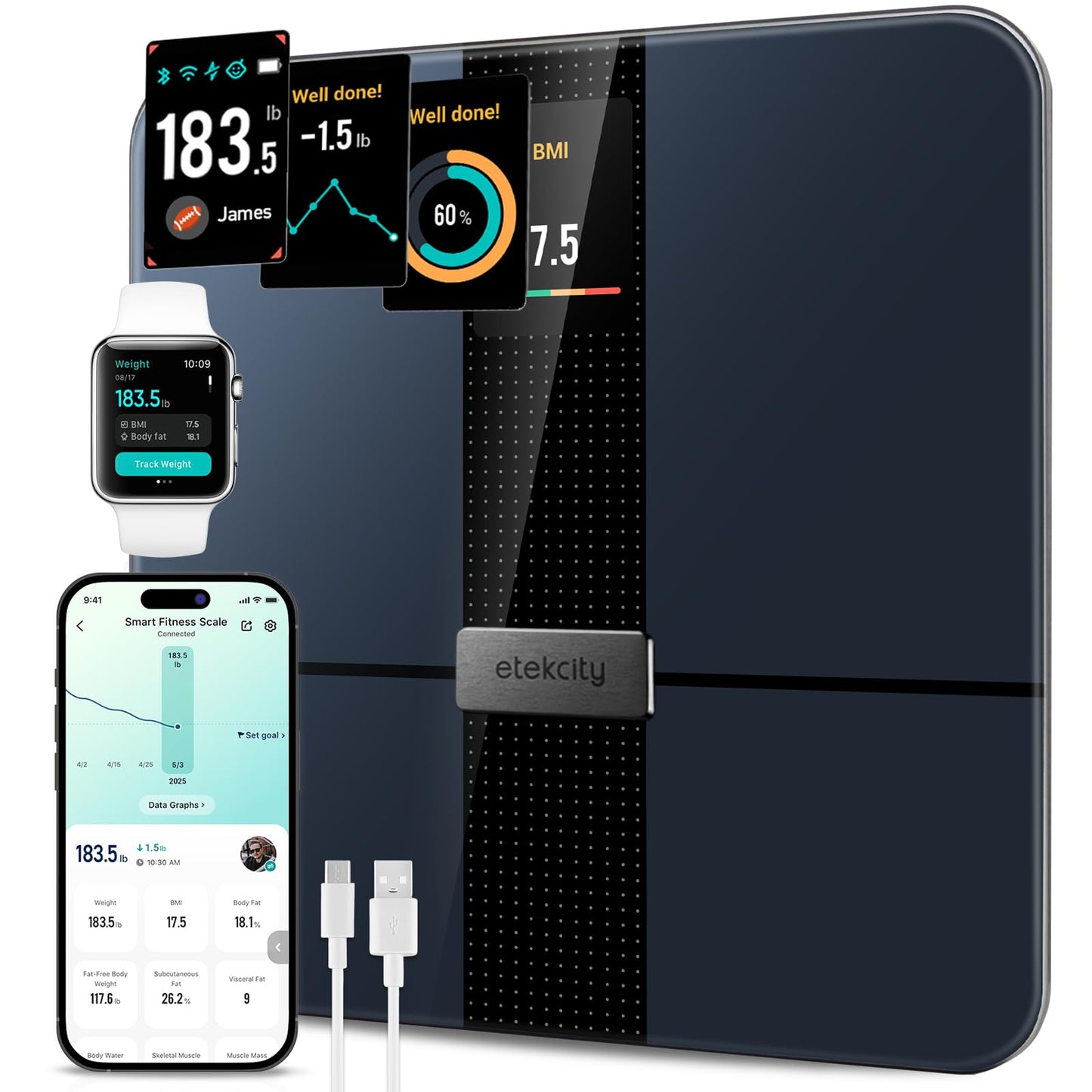 Etekcity FSA&HSA Eligible Smart Scale for Body Weight Fat, Digital Weighing Machine for Accurate BMI Muscle Mass Composition, Apple Health Compatible Fitness Equipment,TFT,‎Tempered Glass,Black