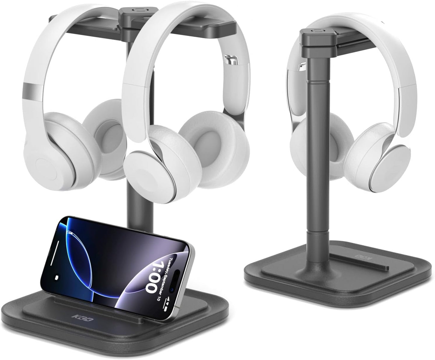 KDD Headset Dual Headphone Stand for Desk - Rotatable Hanger with Phone Holder - Removable Non-Slip Base for Gamers