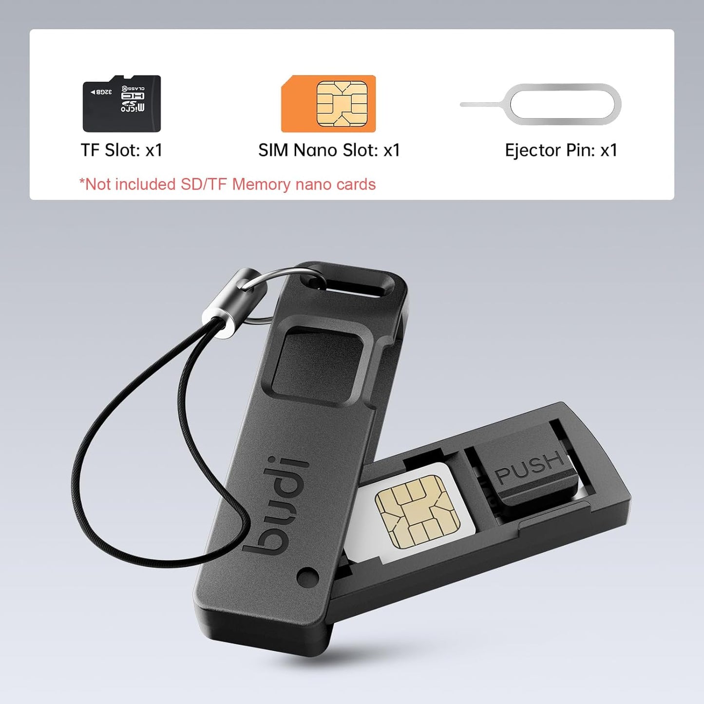 BUDI Multifunctional Compact Cable Card Travel Portable Aluminum Storage Case with Sim Card Tray Pin Eject Removal Tool