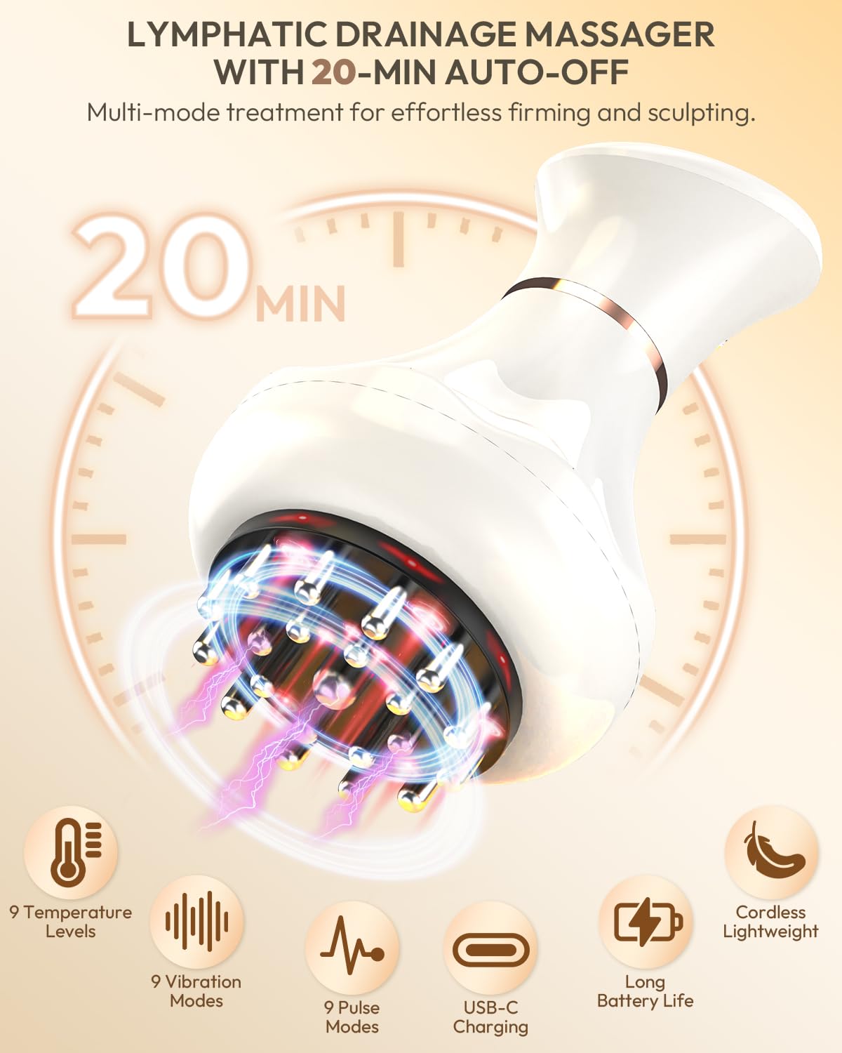 Glamesty Lymphatic Drainage Massager & Anti Cellulite Massage Tool, Body Sculpting Machine with Light, Soothing Pulse, Heat & Vibration, Heated Lymph Brush for Legs, Hip, Arms, Belly (White)
