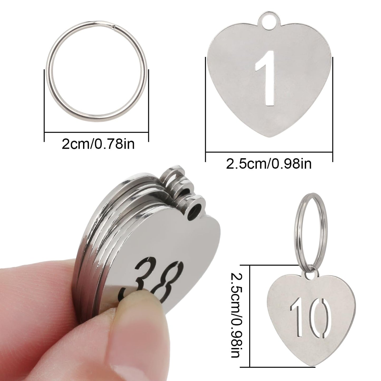 NumRealm Number Tags with Key Rings, 304 Stainless Steel Heart-Shaped Numbered Key ID Tag, Keychain Tags Label - Numbers 1-20