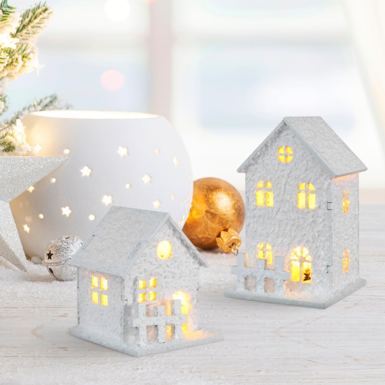 TOYANDONA LED Lighted Christmas Village Houses - 3Pcs Wooden Tabletop Decor for Holiday Display
