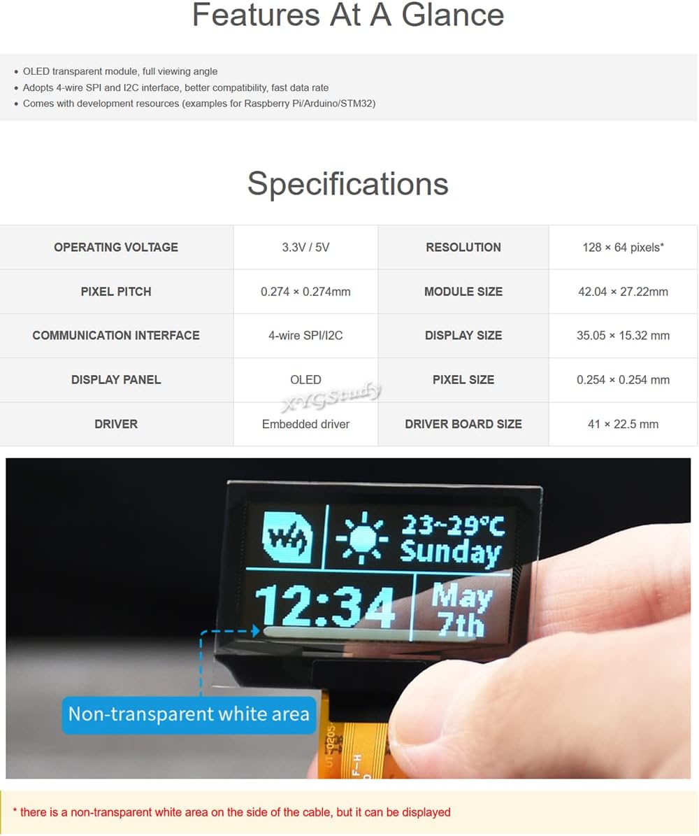 XYGStudy 1.51inch 12864 SPI/I2C 4 3 STM32 Transparent OLED Light Blue Color Display Module Interfaces for Raspberry Pi