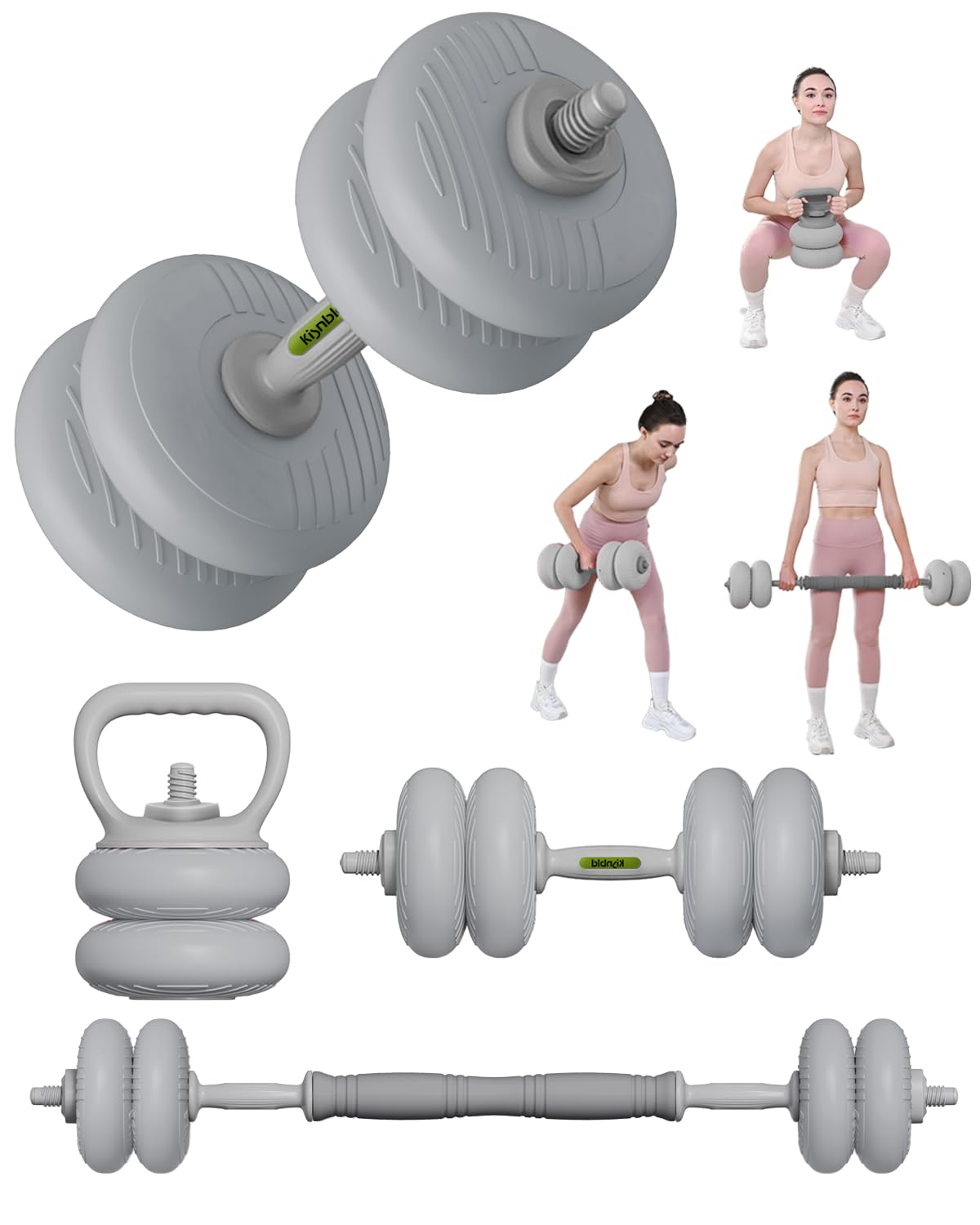 kisnbld Adjustable Dumbbell Set, 13/18/22/35LBS SoftShell Weight Set with Connector 4-IN-1 Dumbbell Set Used as to Barbell & Kettlebell for Home Gym, Fitness Exercise for Men Women Beginners, Gray