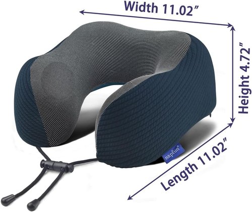 Napfun Neck Pillow - Memory Foam Travel Pillow with Pouch, Sleep Mask & Earplugs | Deep Blue Striped Kit