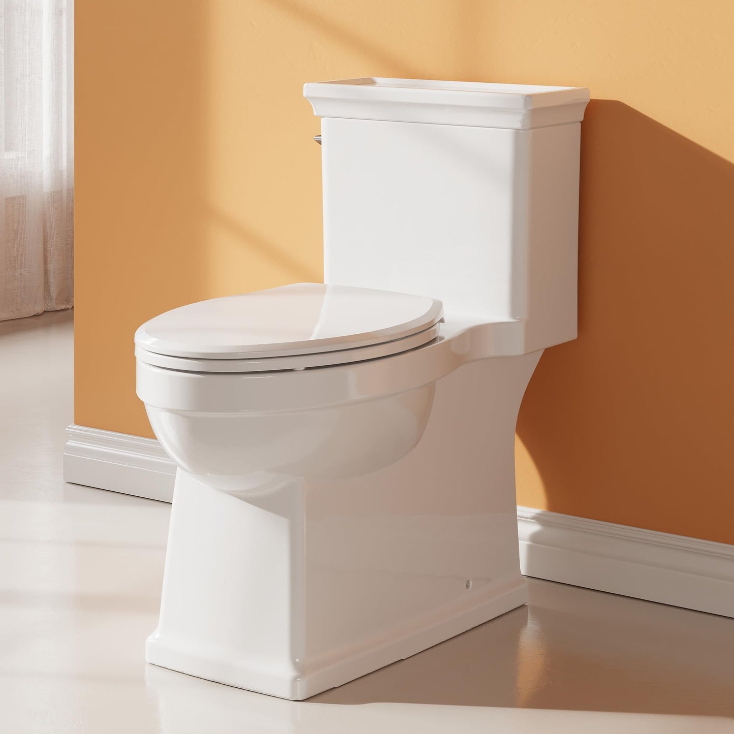 One-Piece Toilet with Elongated Bowl, 1.28 GPF Water-Saving Single Flush, 12-Inch Rough-in, Soft-Close Seat, Left-Hand Lever, Comfortable Height, Bathroom Fixture