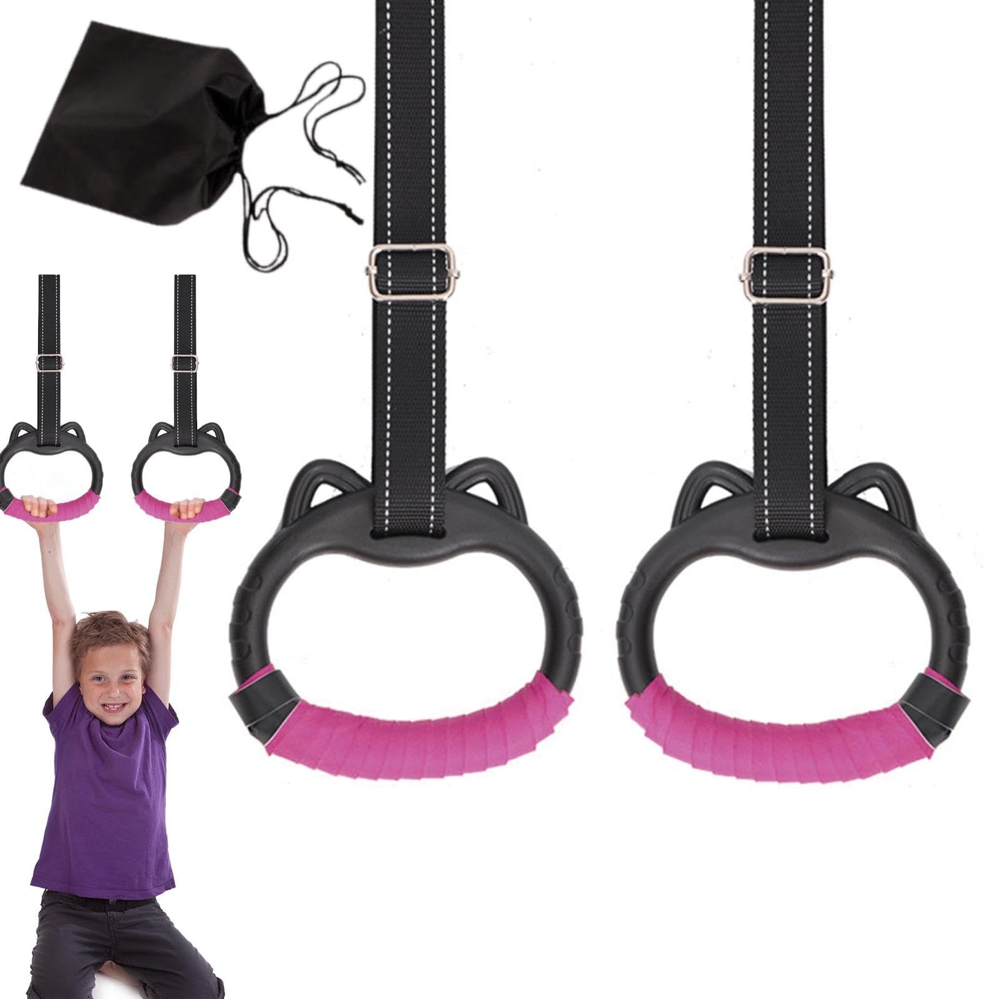 JIANWEI Gymnastics Rings Set for Kids, Professional Children Trapeze Bar Pull Up Rings with Straps Kids Playground Home Exercise Gym Rings with Drawstring Bag for Children Exercise(Pink)