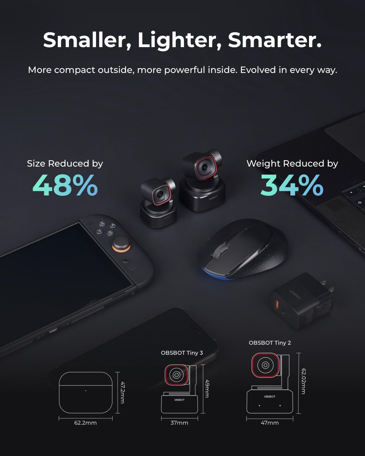 OBSBOT Tiny 3 AI-Powered Spatial Audio 4K Webcam, AI Tracking PTZ Camera with 1/1.28" Sensor, Tri-Mic, Voice & Gesture Control, 120FPS, HDR, Web Cam for PC, Laptop, Streaming, Meeting, Switch 2, etc.