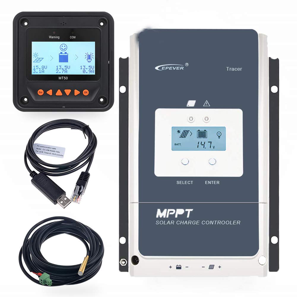 EPEVER 50A MPPT Solar Charge Controller 12/24/36/48VDC Automatically Identifying System Voltage with MT52 Remote Meter & Temperature Sensor RTS & Communication Cable RS485