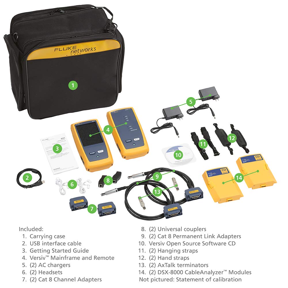 Fluke Networks DSX2-8000 CableAnalyzer Copper Cable Certifier for Category 5, 5e, 6, 6A & 8 Twisted-Pair cabling, 2 GHz, Touchscreen, LinkWare Reporting, includes Permanent Link & Channel Adapters
