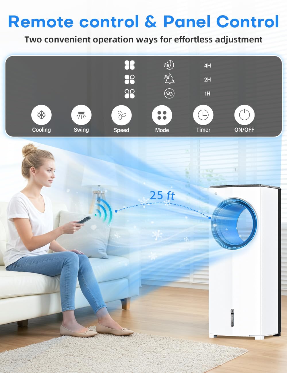 CENSTECH Windowless Air Conditioner, 27" Bladeless Evaporative Air Cooler with 4 Modes & 3 Speeds, Double Tanks for 24H Cooling, 25FT Remote, 7H Timer, 360° Swing Portable Swamp Cooler Air Conditioner