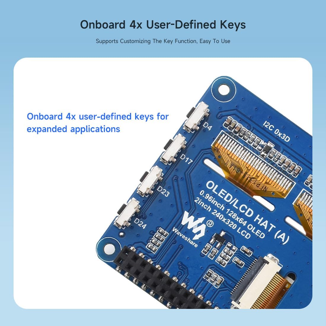 waveshare 2inch 0.96inch 40PIN OLED/LCD HAT, Onboard IPS LCD Main Screen and Dual Blue OLED Secondary Screens