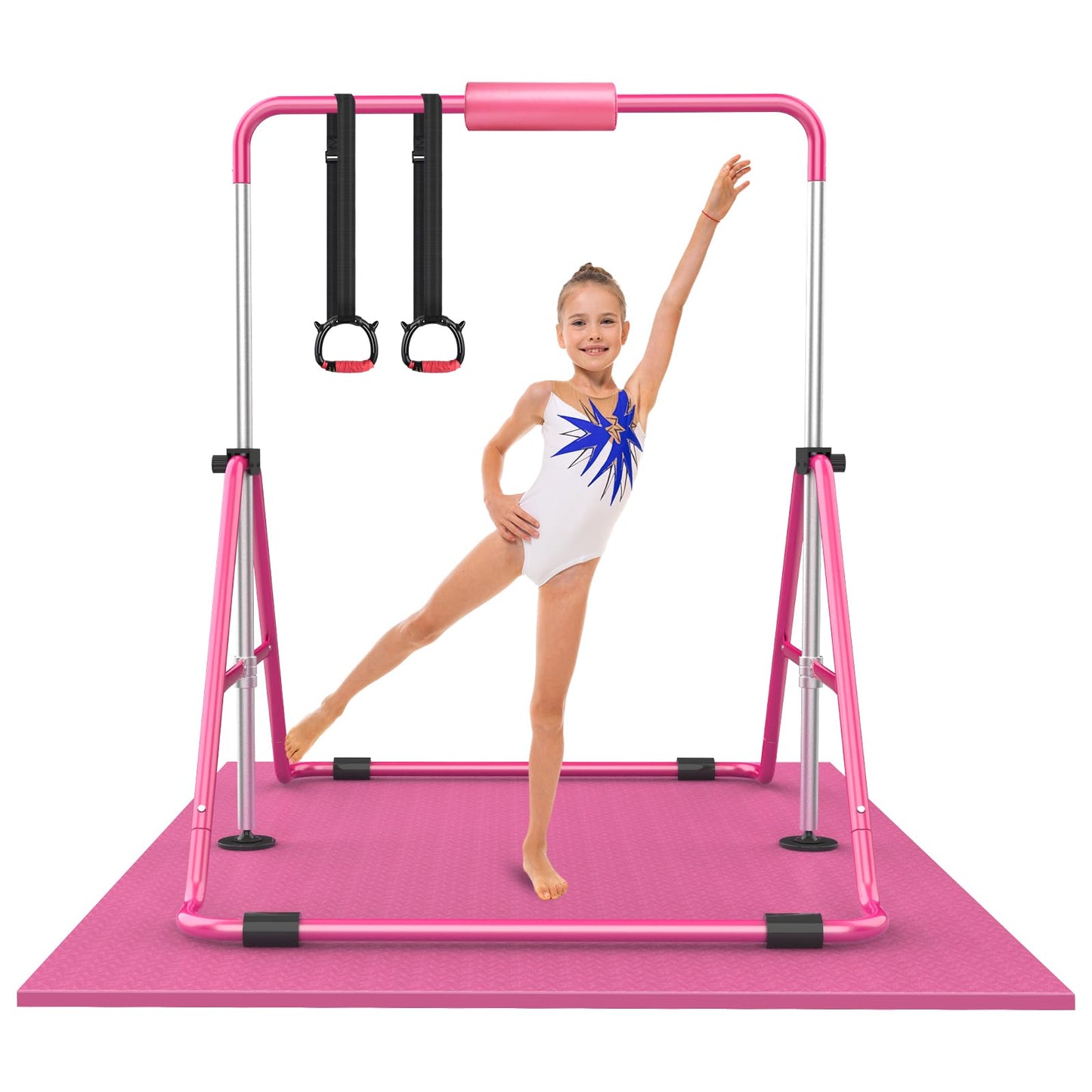 RINREA Gymnastic Bars for Kids with Adjustable Height, Folding Gymnastic Training Kip Bar, Expandable Horizontal Bar for Home (Pink_Mat)