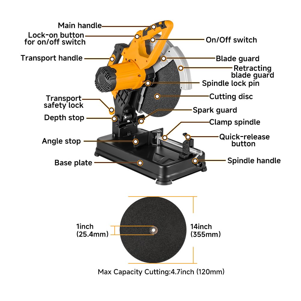 Hoteche 14-Inch Metal Cutting Chop Saw 2600W Heavy-Duty Electric Cut Off Machine with Saw Blade