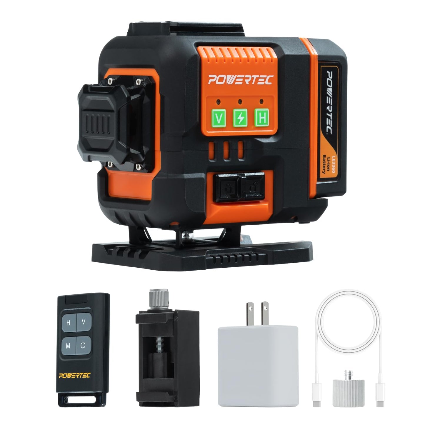 POWERTEC LE3360V 3×360° Laser Level, Self-Leveling with Remote Control & Lift Platform, USB-C Rechargeable – For Construction, Tiling, Framing, Drop Ceilings, Cabinets & DIY Projects