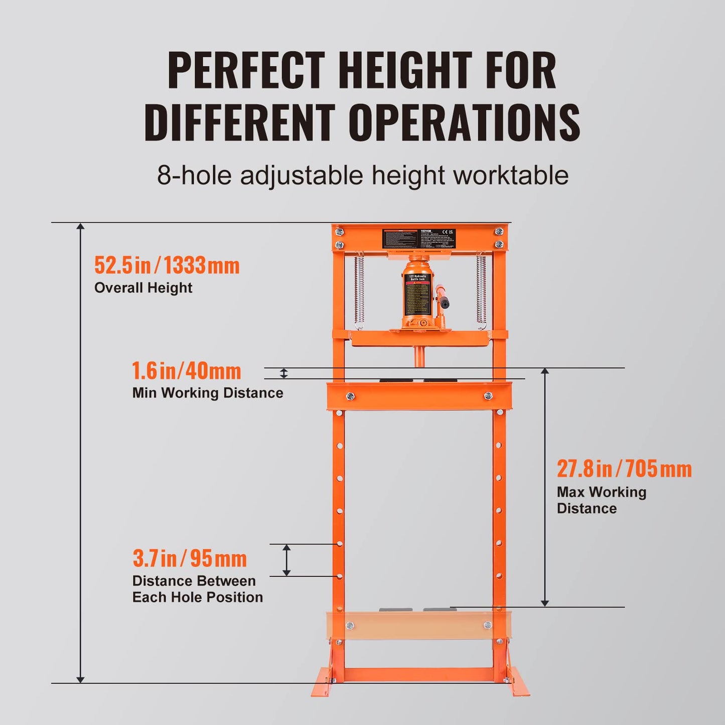 VEVOR Hydraulic Shop Press, 12 Ton/26000lbs, H-Frame, 4-Hold Adjustable Height, with Movable Plates, for Garage or Professional Users, Orange