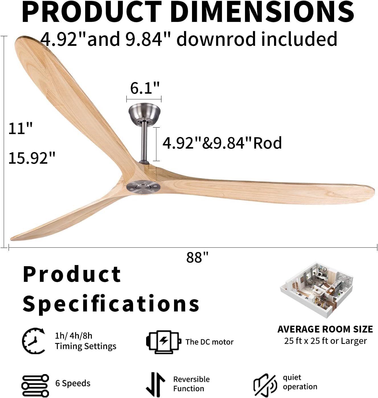 Bigzone 88'' Large Ceiling Fan No Light With Remote, DC Motor Quiet Energy Saving,3 Balsa Wood Blades,Outdoor/Indoor fan, Metal Brushed Nickel Metal Brushed Nickel-Burlywood Blade