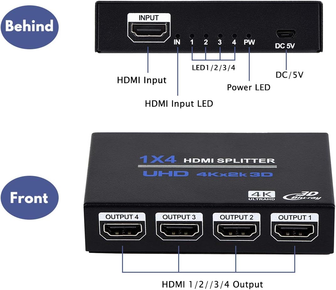 ENBUER 1x4 1 4 3D 4K 2K PS3, HDMI Splitter, in Out HDMI Splitter Audio Video Distributor Box Support & x Compatible