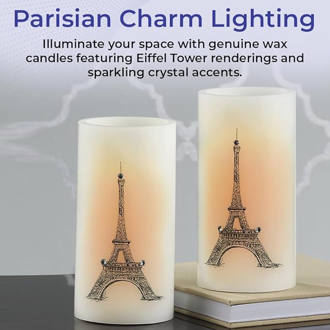 SAGEFINDS Eiffel Tower LED Candles, Set of 2, Flameless Real Wax Pillar Candles, Battery Operated, 6” x 3”