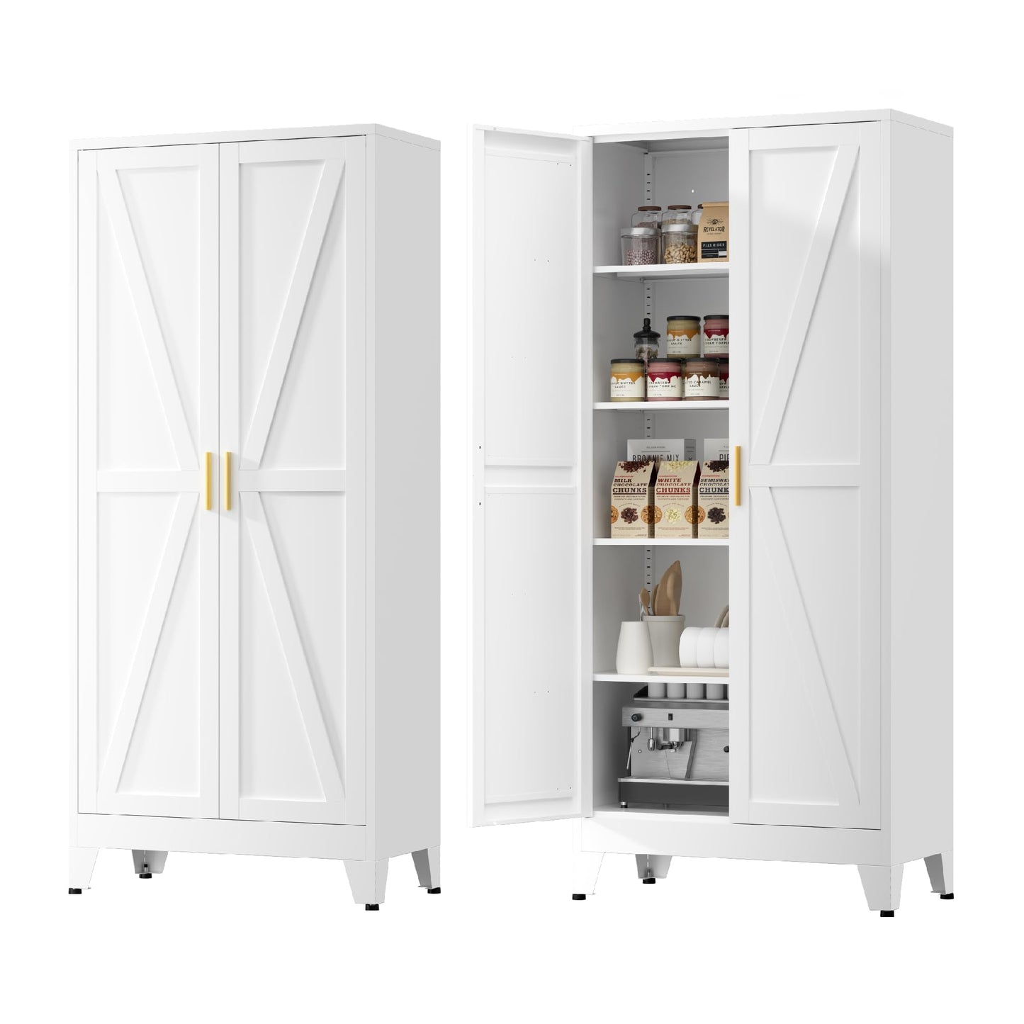 YNIQUESTLE Kitchen Pantry Cabinet,71" H x 31.5" W,Metal Farmhouse Storage Cabinet with Adjustable Shelves and Barn Doors,5-Tier Storage Cabinet for Kitchen Dining Room Garage,White 1 Pack