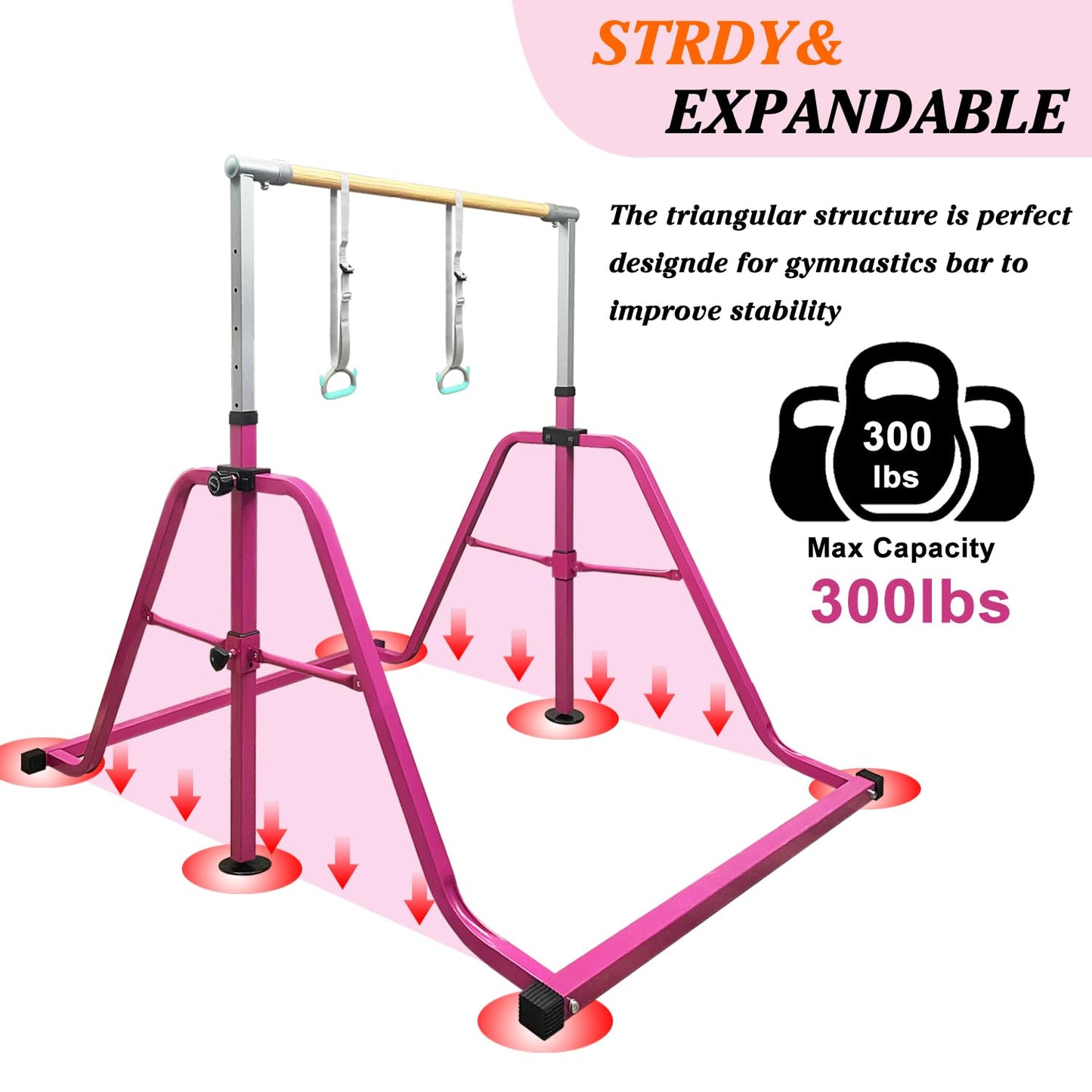 kechery Foldable & Moveable Gymnastics Horizontal Bar with Rings,3’to 5’Adjustable Height Expandable Junior Kip Bar for Home,Indoor Gym Equipment for Kids(Foldable Pink with Rings)