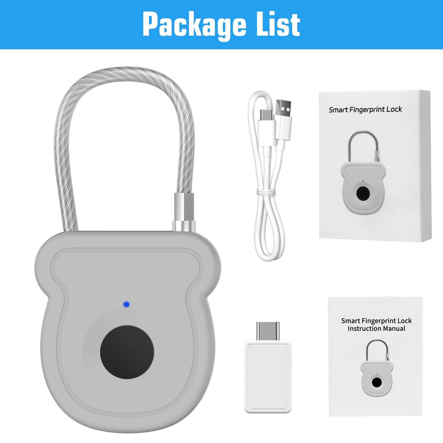 Larimuer Smart Fingerprint Padlock for Luggage - 20 User Capacity, USB Key & Emergency Code, Keyless Biometric Lock for Gym Locker, Suitcase, Backpack, Toolbox & Handbag (Grey)