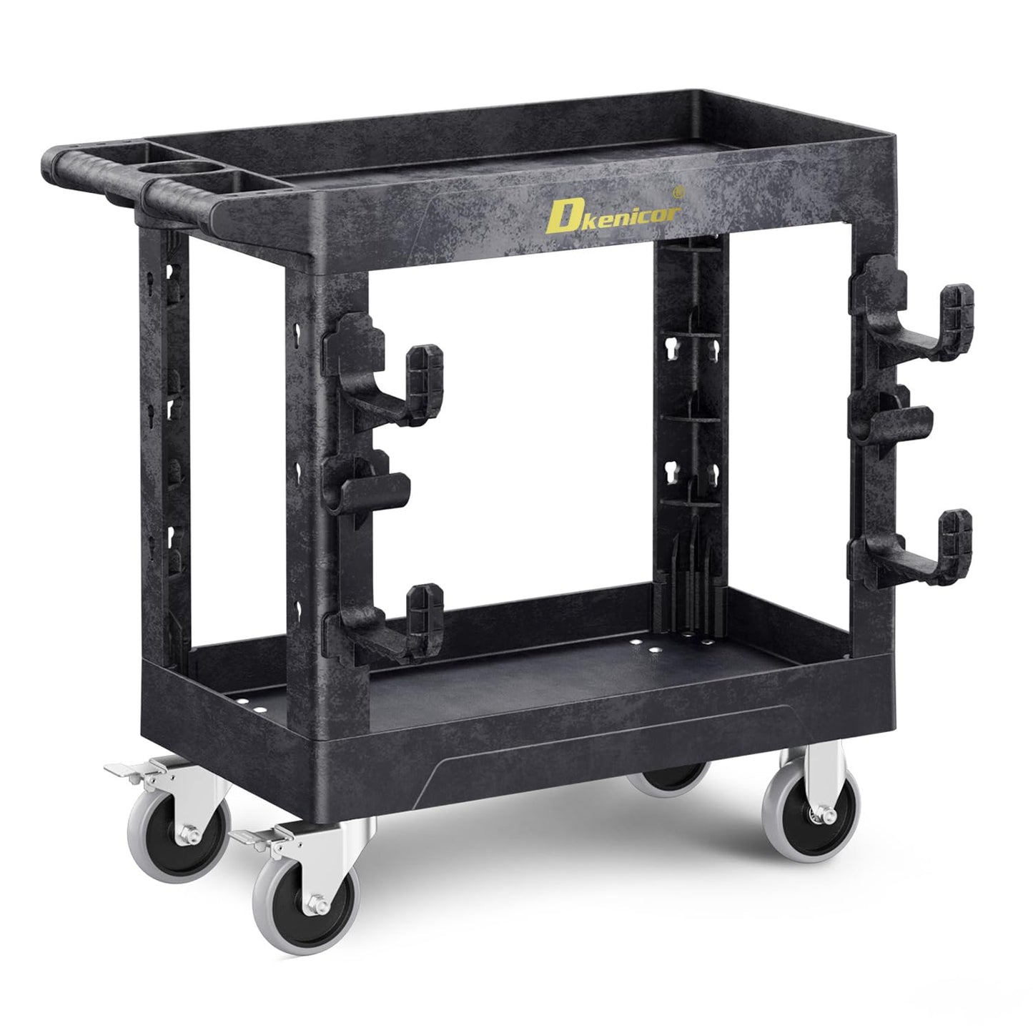 Heavy Duty Plastic Utility Cart 850Lbs, 34" x 17" Rolling Work Cart with Wheels - 2 Tier Service Cart for Warehouse/Garage/Garden - Upgraded 2 Side Tube Hooks, 360° Swivel Lockable Wheels
