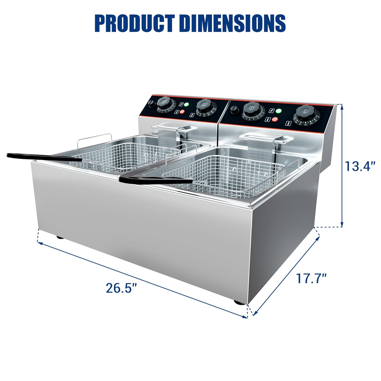 23 QT Commercial Deep Fryer with Double Baskets and Lid, Electric Stainless Steel Countertop Commercial Oil Fryer, Adjustable Temperature Control, for Kitchen and Restaurant