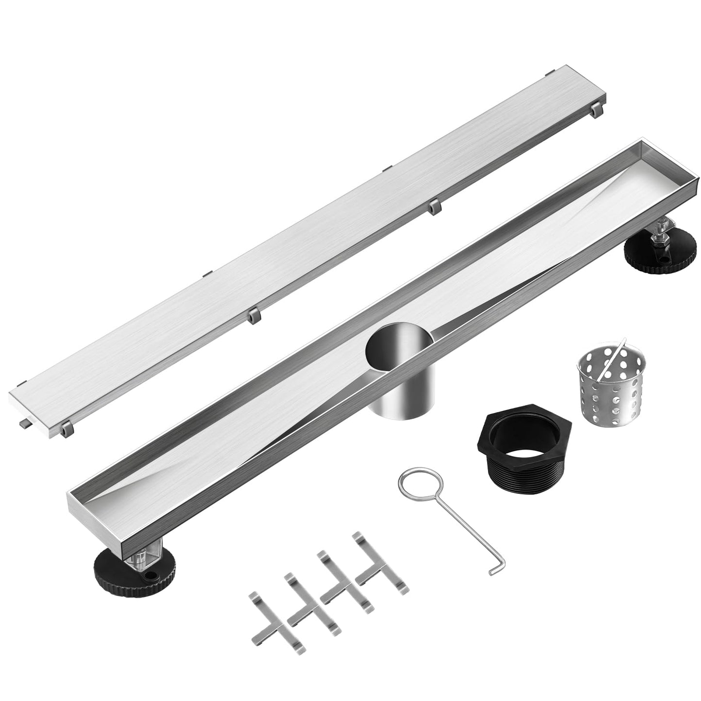 Elefloom Linear Shower Drain, 60 inch Drain with Tile Insert 2-in-1 Panel, Brushed 304 Stainless Steel Shower Floor Drain, Linear Drain with Hair Strainer and Adjustable Feet