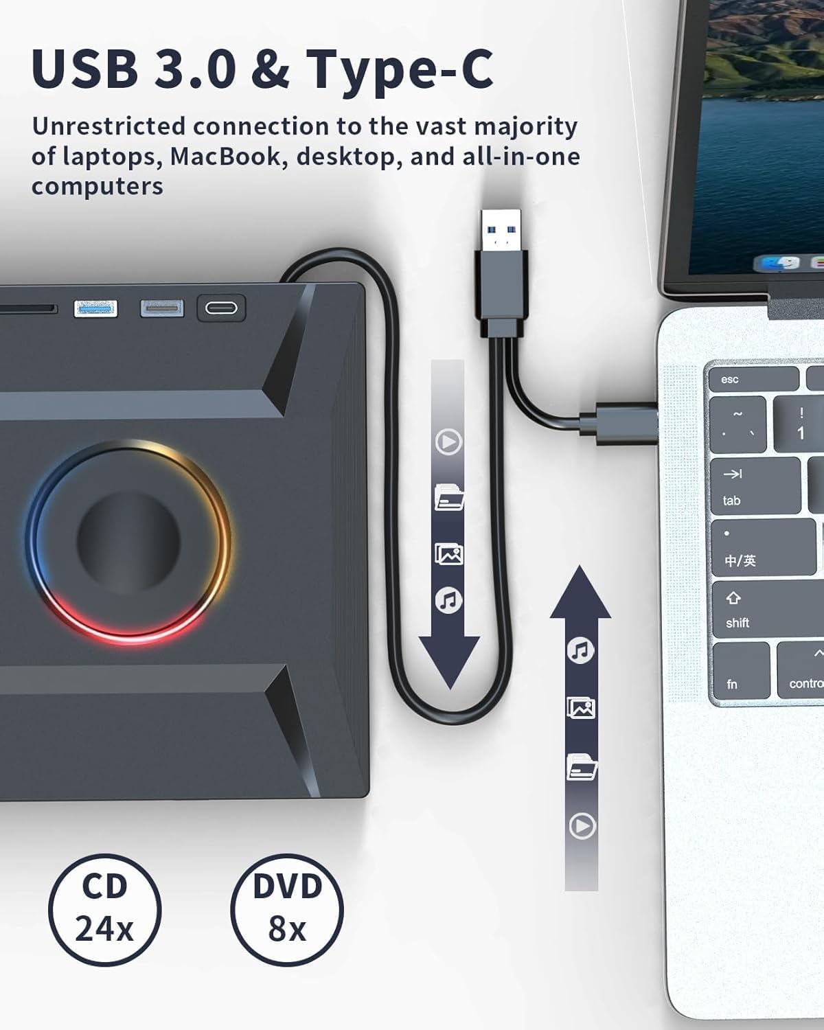 ASHDOL Drive,7 1 3.0 External CD DVD in USB and Type-C Disc Reader Writer Burner Player,Slim and Portable CD DVD +/-RW