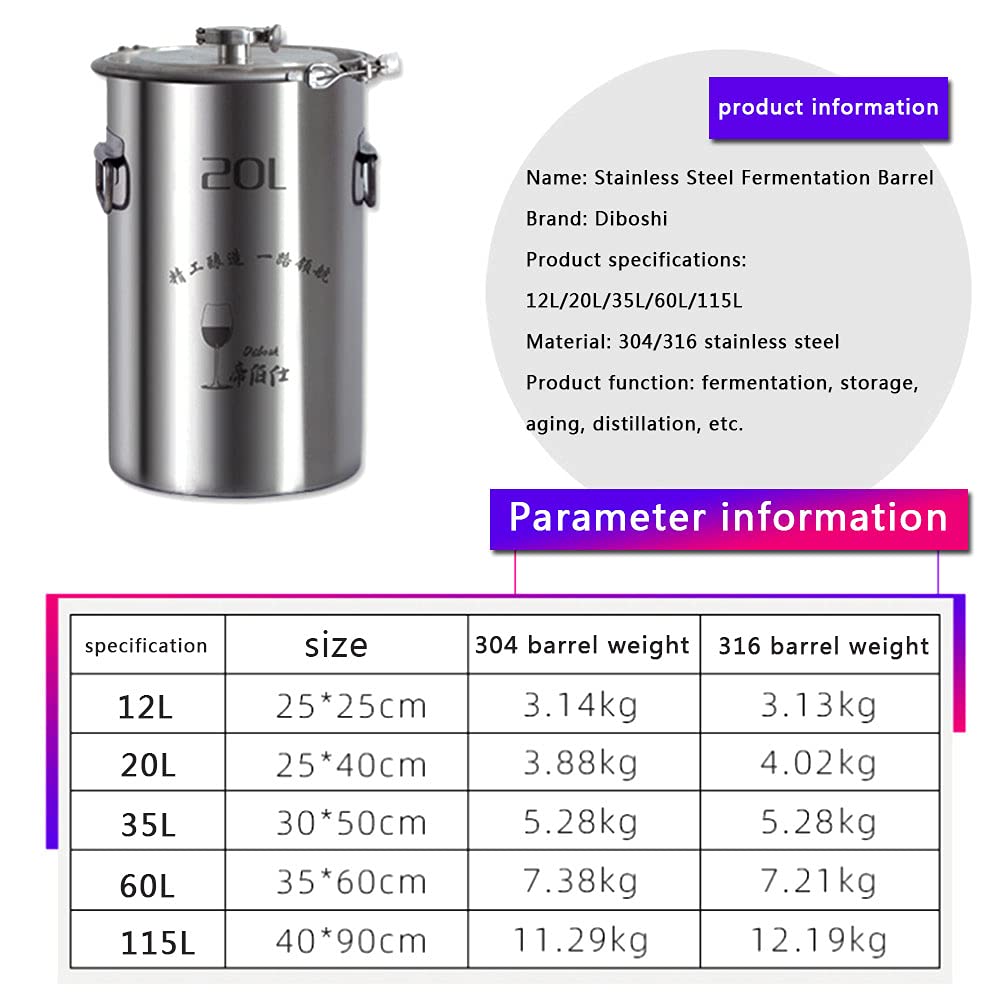 60L 304/316 New stainless steel fermentation barrel wine barrel fermenter self-brewed wine sealed barrel wine making equipment (316 without tap)