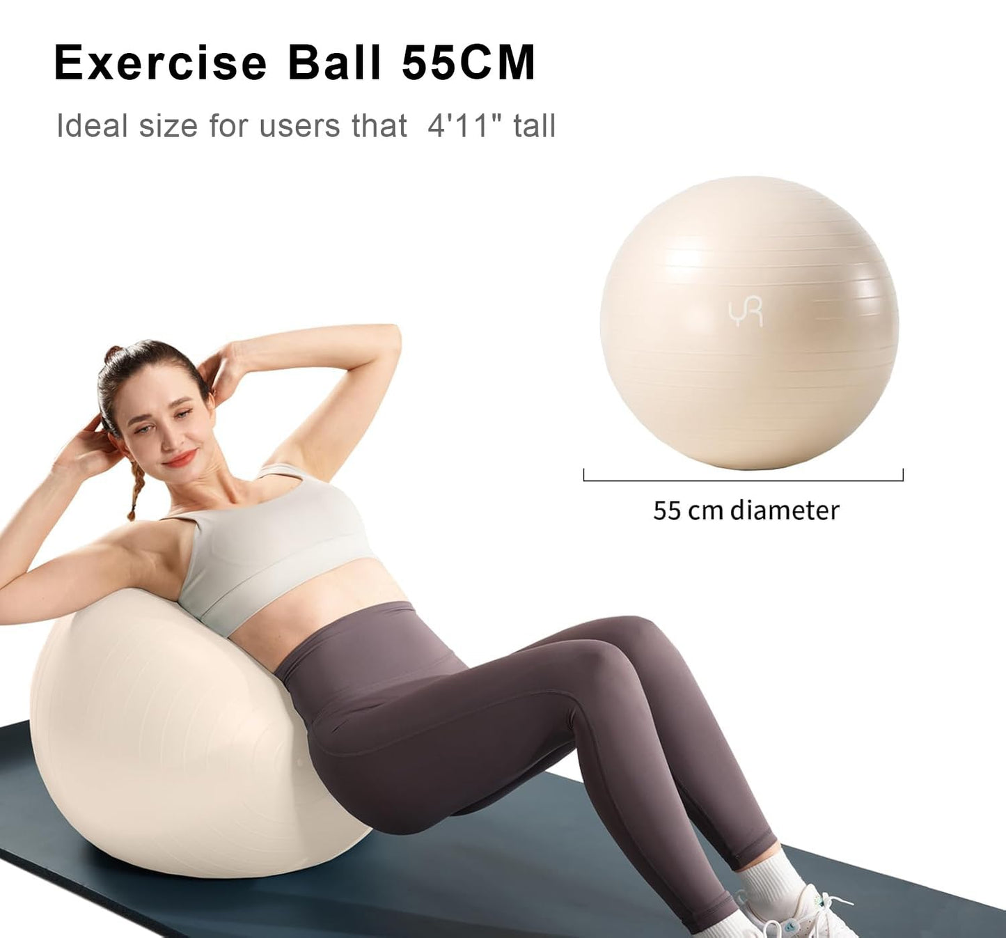 YR Exercise Ball 21.6'' Yoga Ball for Workout Pregnancy Stability, Anti Burst Fitness Ball for Home Gym & Office Chair, Core & Balance Training, Physical Therapy - White