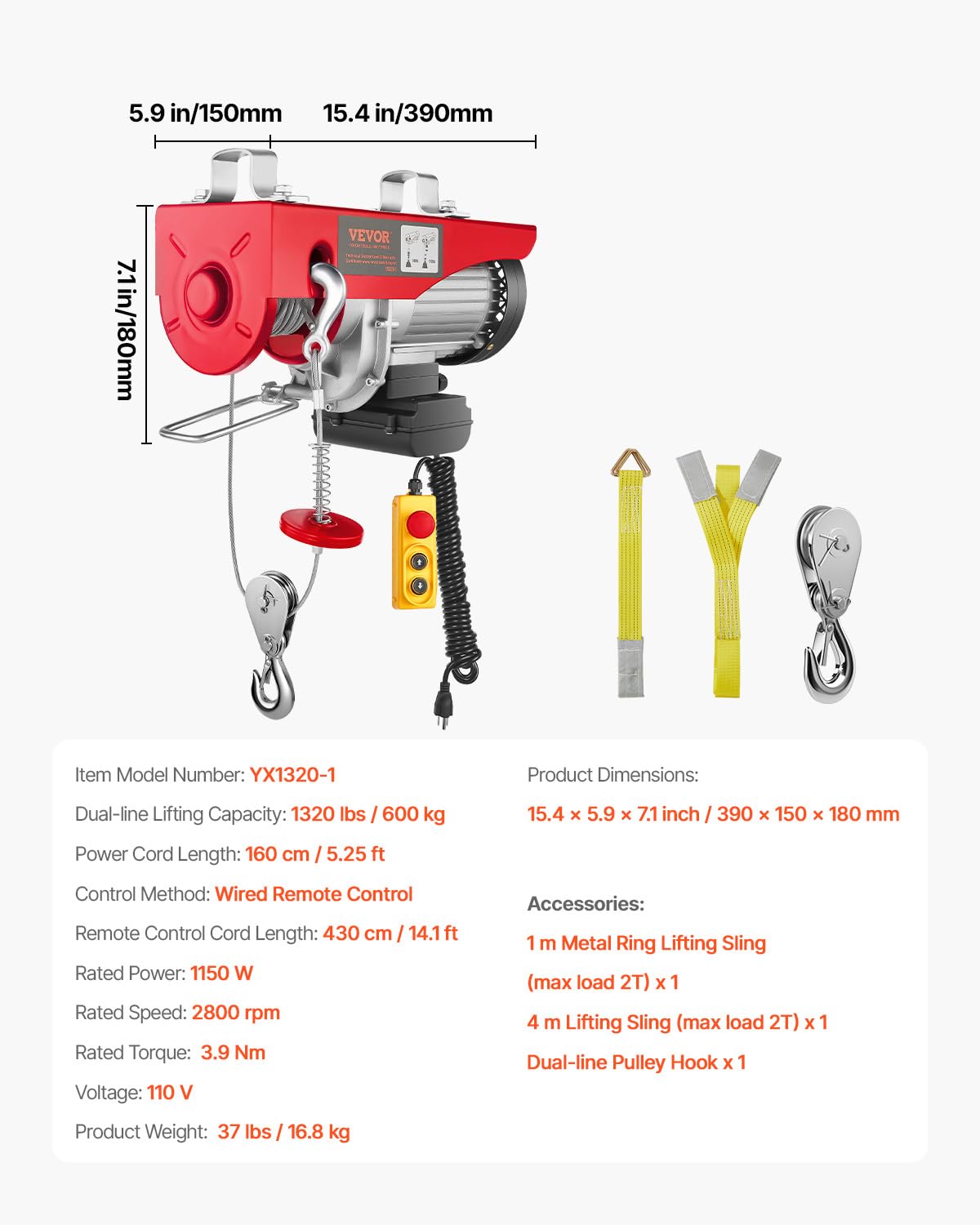 VEVOR Electric Hoist with Remote Control, 1320LBS Electric Winch, 110V Electric Hoist with 14ft Wired Control for Lifting in Factories, Warehouses, Construction Site, Attic