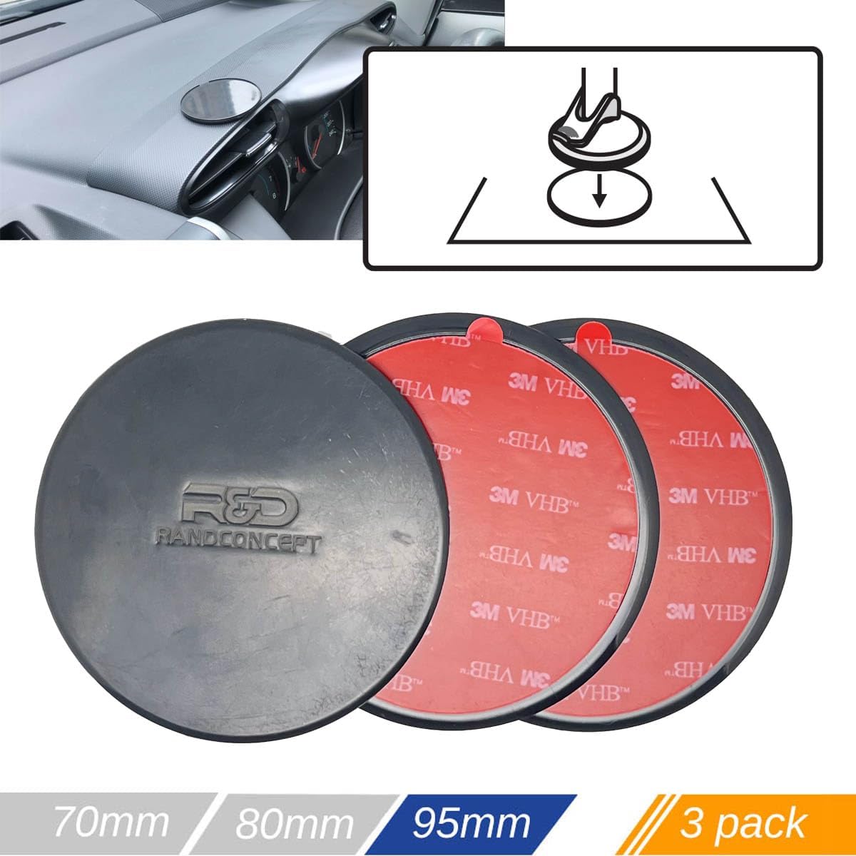 Randconcept 95mm 3.74" 3 - Adhesive Dashboard Pad Mounting Disk with Adhesive for Suction Cup Phone Mount & Compatible