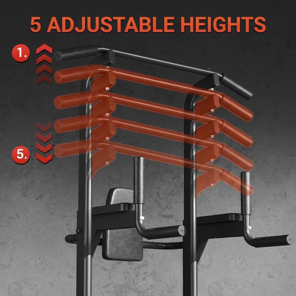 Power Tower, Heavy Duty Pull Up Bar 450LB Capacity, Multi-Functional Dip Station Adjustable Height, Strength Training Equipment Full Body for Home Gym, Pull-Ups, Dips & Leg Raises, Carbon Steel