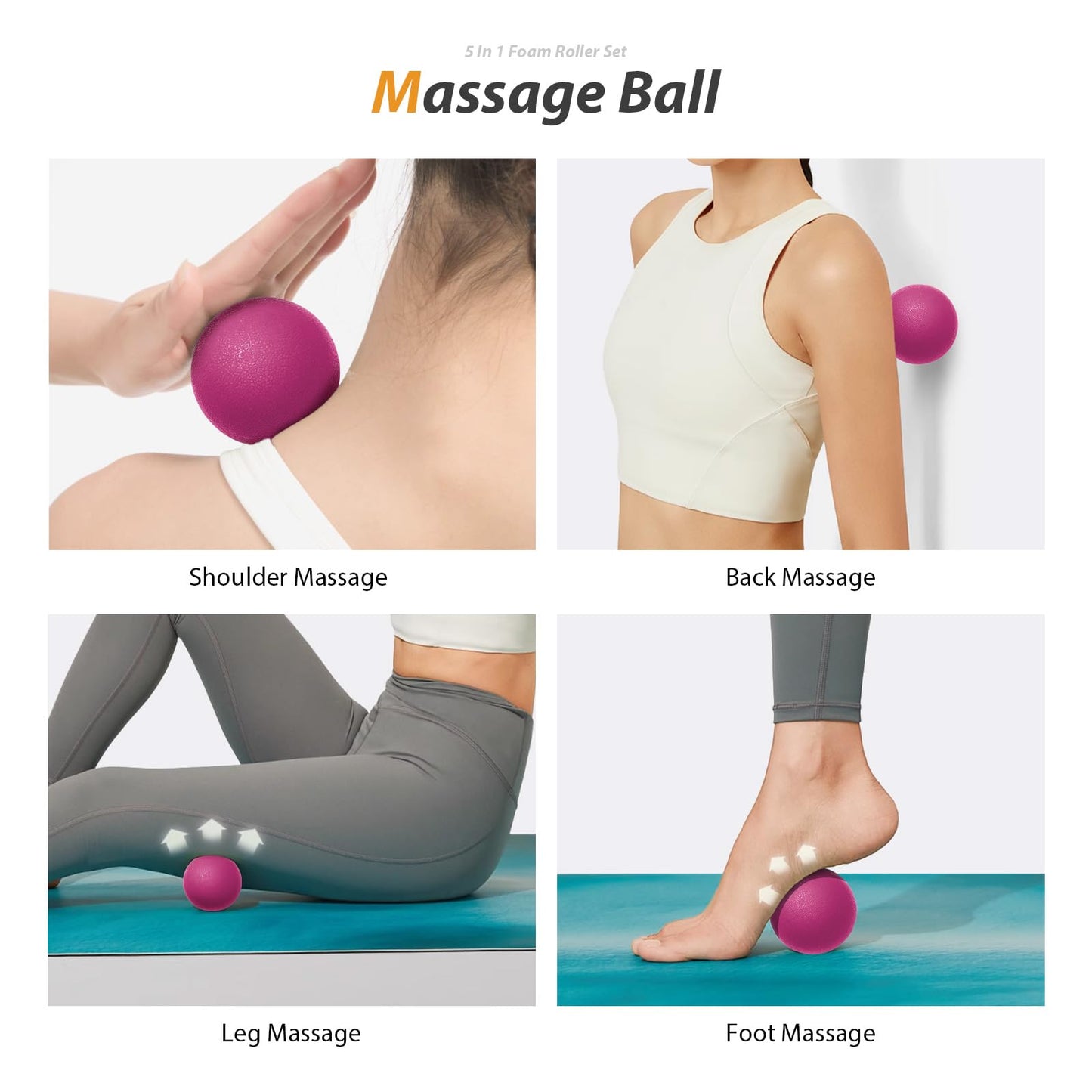 5 in 1 Foam Roller Set for Deep Tissue Muscle Massage, High Density Fitness Exercise Foam Roller, Massage Roller, Massage Ball, Resistance Band, for Whole Body (Pink-Black)