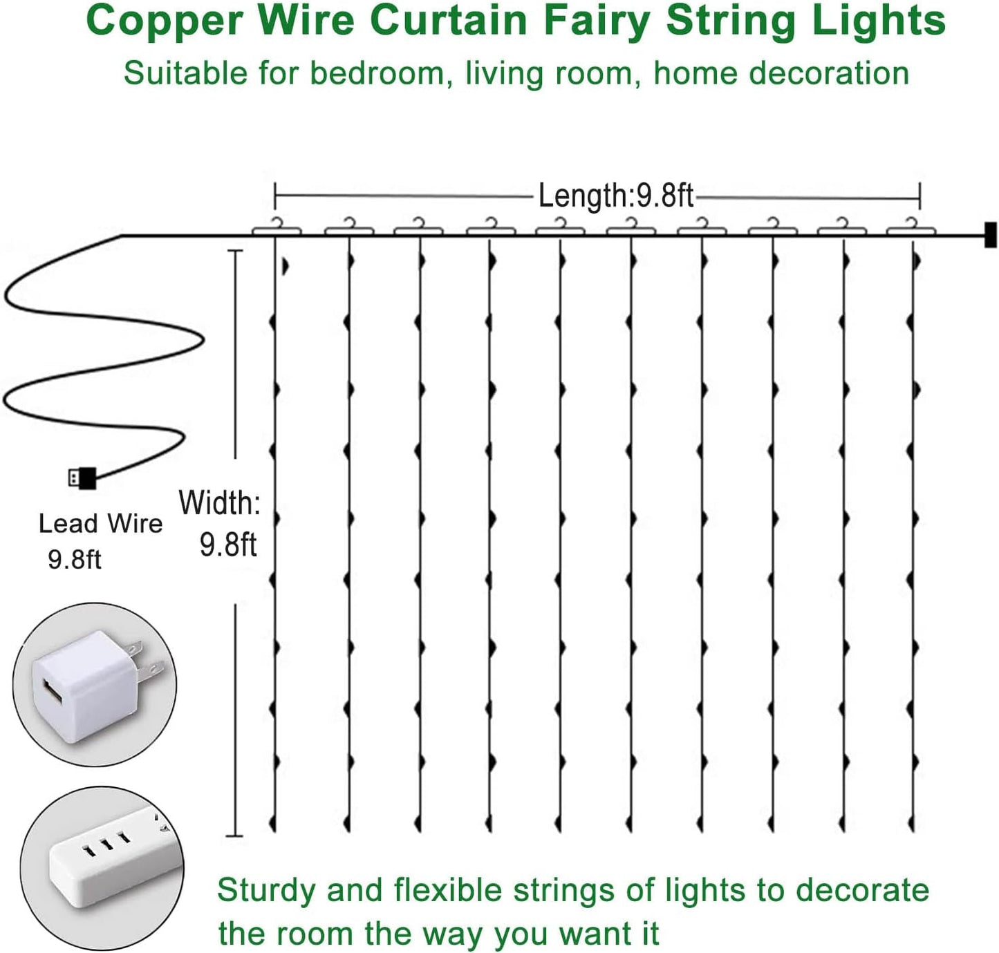 Skiennix 300 LED Curtain String Lights - 8 Light Modes | 9.8x9.8Ft Remote USB Plug for Indoor/Outdoor Decor