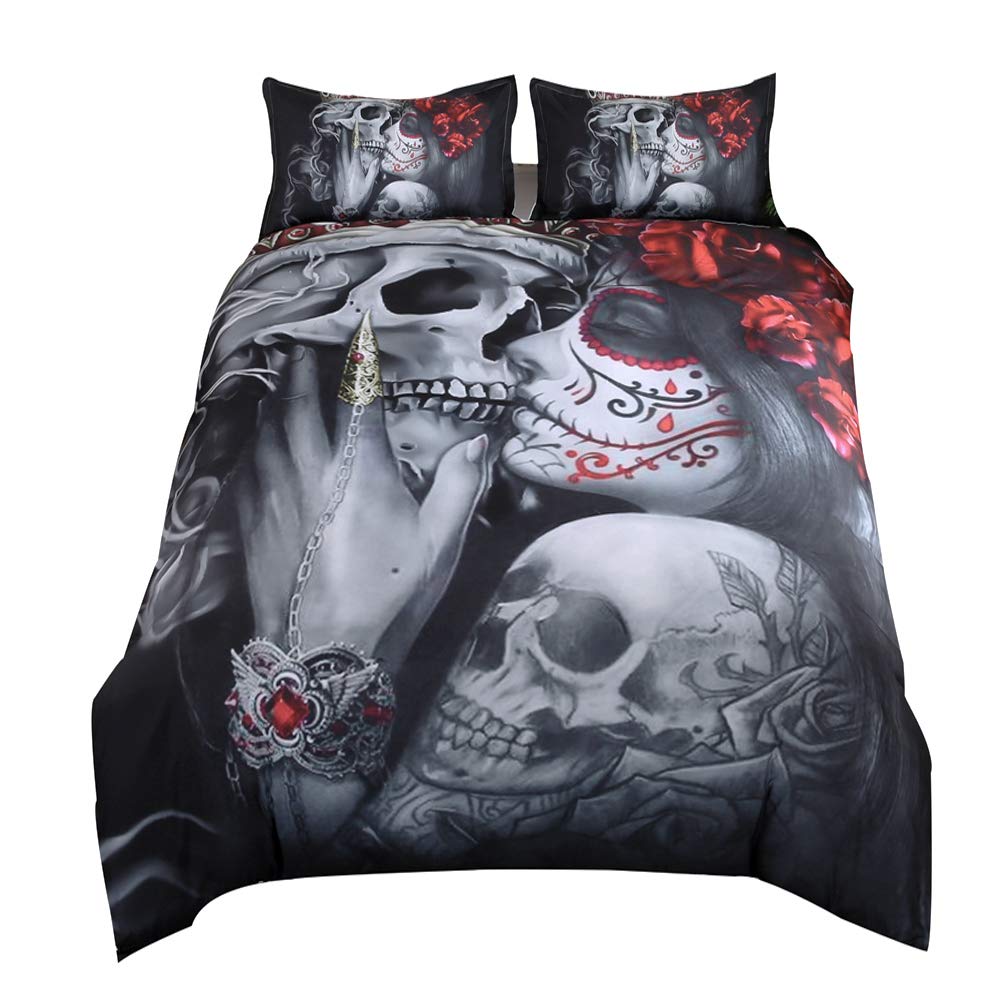 Suncloris 3D Dark Gothic Sugar Skull Roses Queen Duvet Cover Set 3Pcs (Queen)