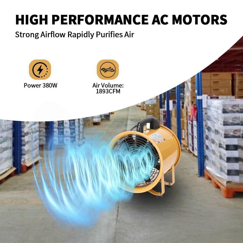 ONNAO Utility Blower Fan 8 inch Ventilator 3300RPM Extractor Industrial 1500 m3/h High Velocity Portable Ventilation Fan with 16 ft Flexible Duct Hose
