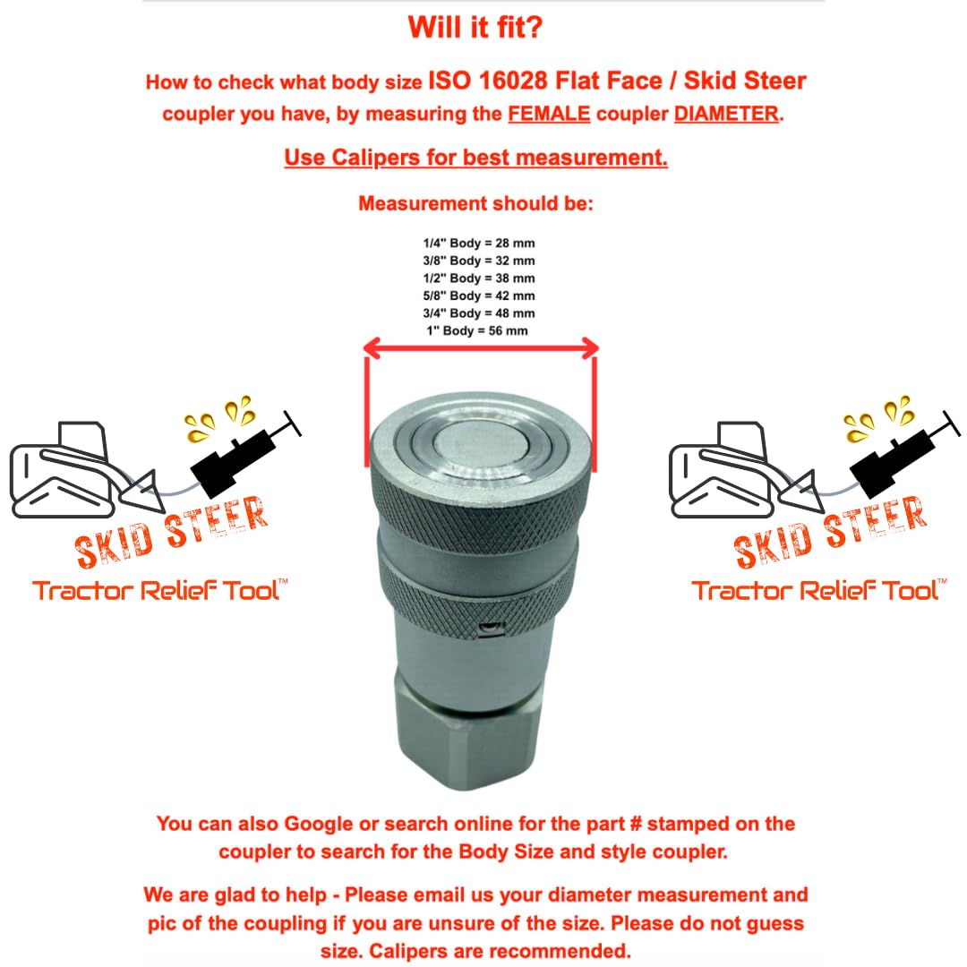 3/8" ISO 16028 Flat Face Skid Steer Female Hydraulic Quick Coupler Pressure Decompression Relief Release Tool by Tractor Relief Tool™