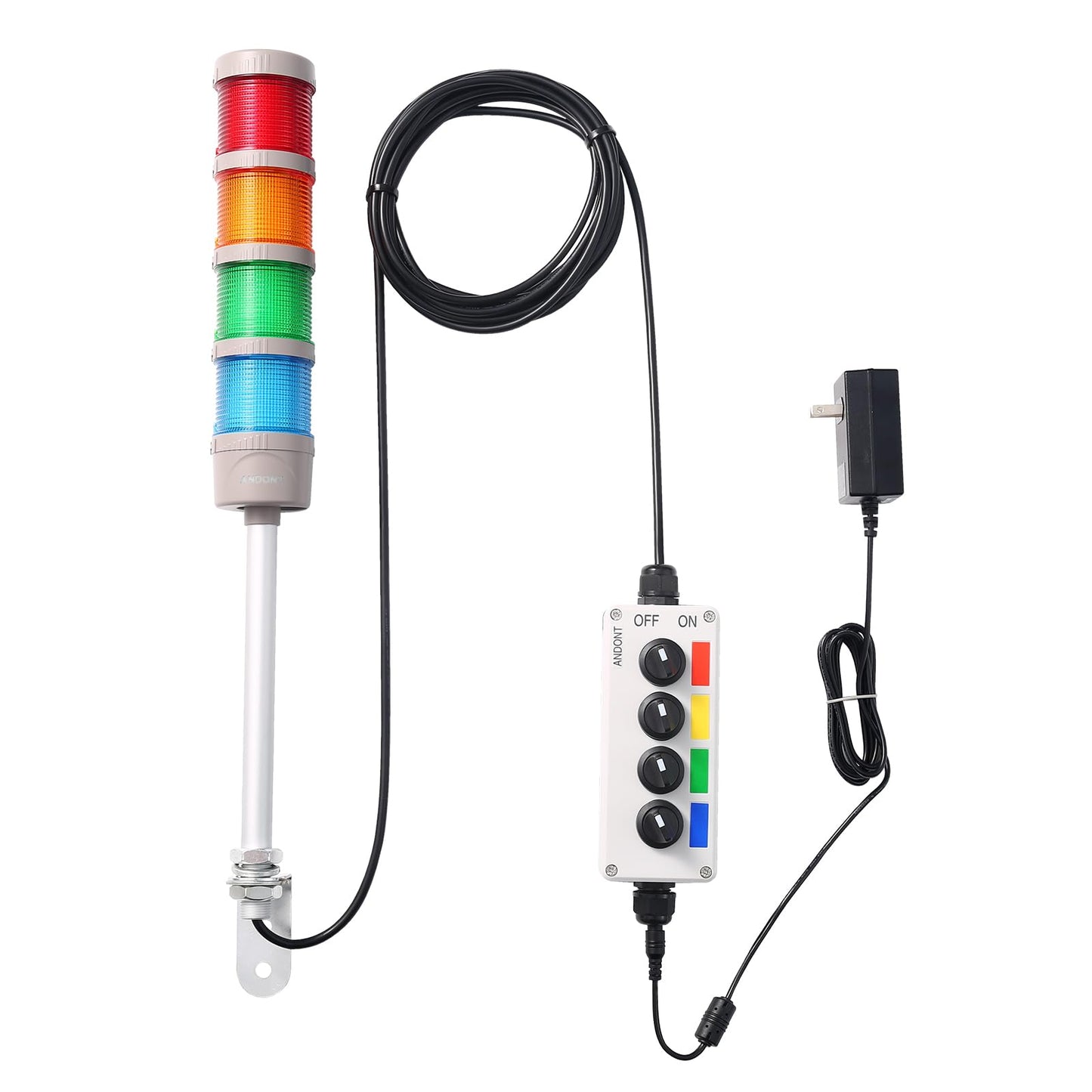 ANDONT 4-Stack LED Andon Tower Signal Light, Red/Yellow/Green/Blue, On/Off, ABB Selector Switch, Mean Well Industrial Power Adapter 6 ft & 32 ft Extension Cord, IP65 Rated, Plug-and-Play