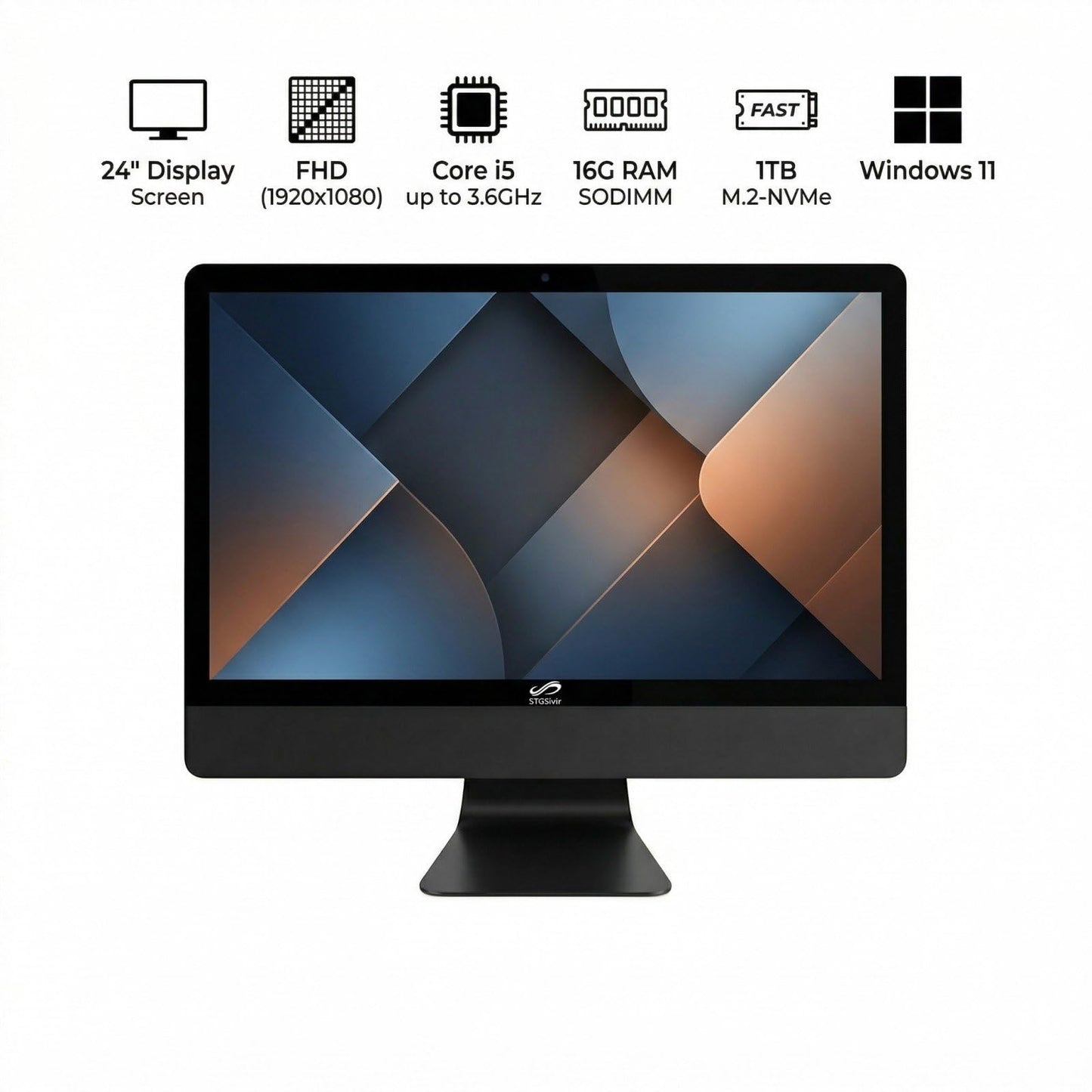 STGSivir All in One Desktop Computer, 24" FHD Display, Intel Core i5 up to 3.6G, 16G RAM, 1T SSD, WiFi, BT 5.0, RGB Keyboard & Mouse, Webcam, Windows 11 Home