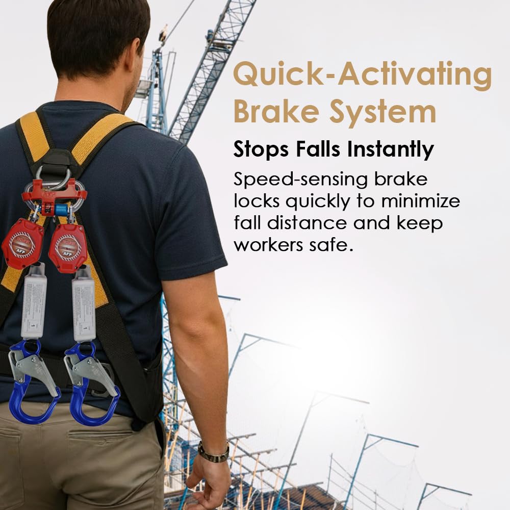 AFP Demon 6 Foot Double Web Leg Self Retracting Lifeline Safety Yoyo, Shock Pack Absorber, Aluminum Rebar Pelican Hook & Aluminum Carabiner Fall Protection Arrest Limiter SRL | OSHA & ANSI Rated